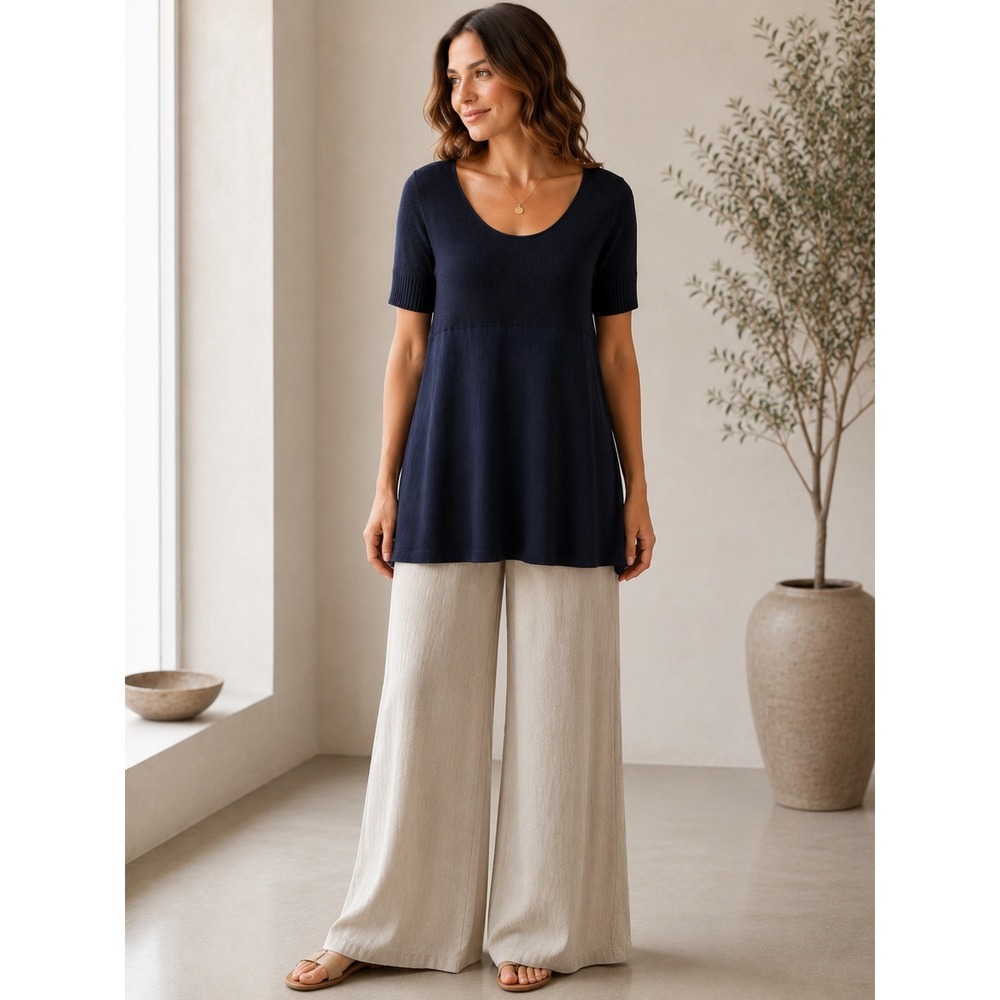 Eileen Fisher Navy Cotton Cashmere Contrast Knit Short Sleeve Tunic Sweater L